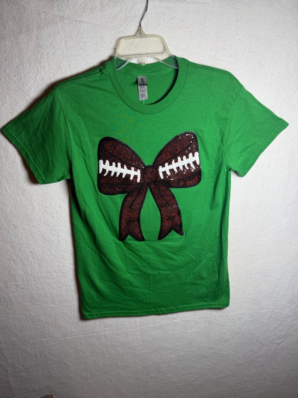 Coquette Sequin Football Bow Green Graphic T-Shirt Heavy Cotton Size S